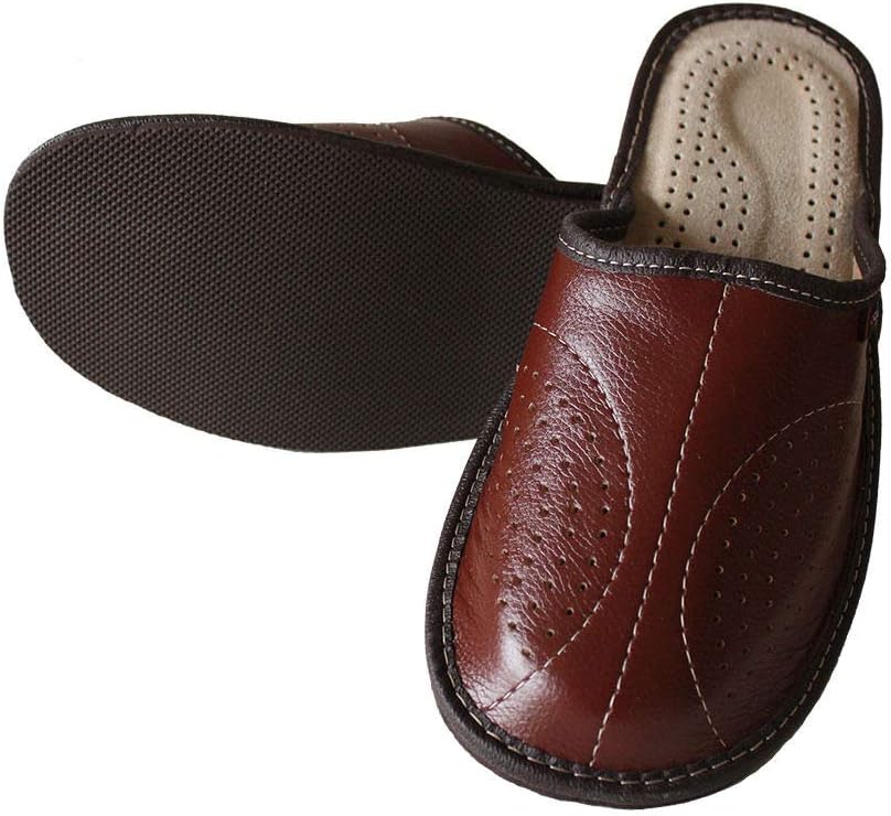 PAFOLIMens Leather Slippers Brown, Black Size 6.5-11