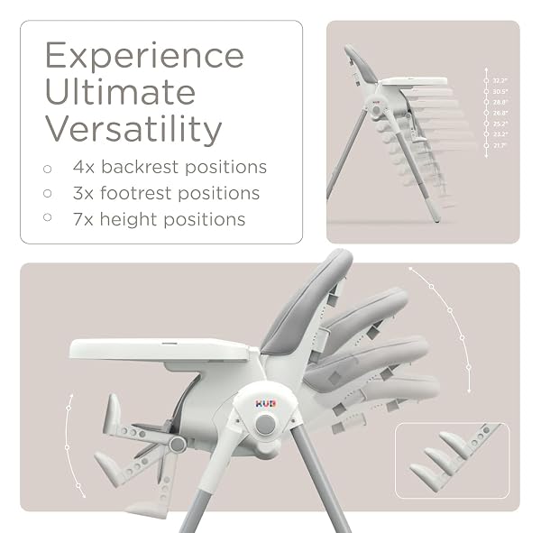 KÜB 3-IN-1 FOLDABLE BABY HIGH CHAIR | MULTIFUNCTIONAL INFANT HIGH CHAIRS FOR BABIES AND TODDLERS | REMOVABLE SEAT & TRAY FOR EASY CLEAN | 7 HEIGHT & 4 RECLINE ADJUSTABLE | 2 LOCKING WHEELS(GREY)