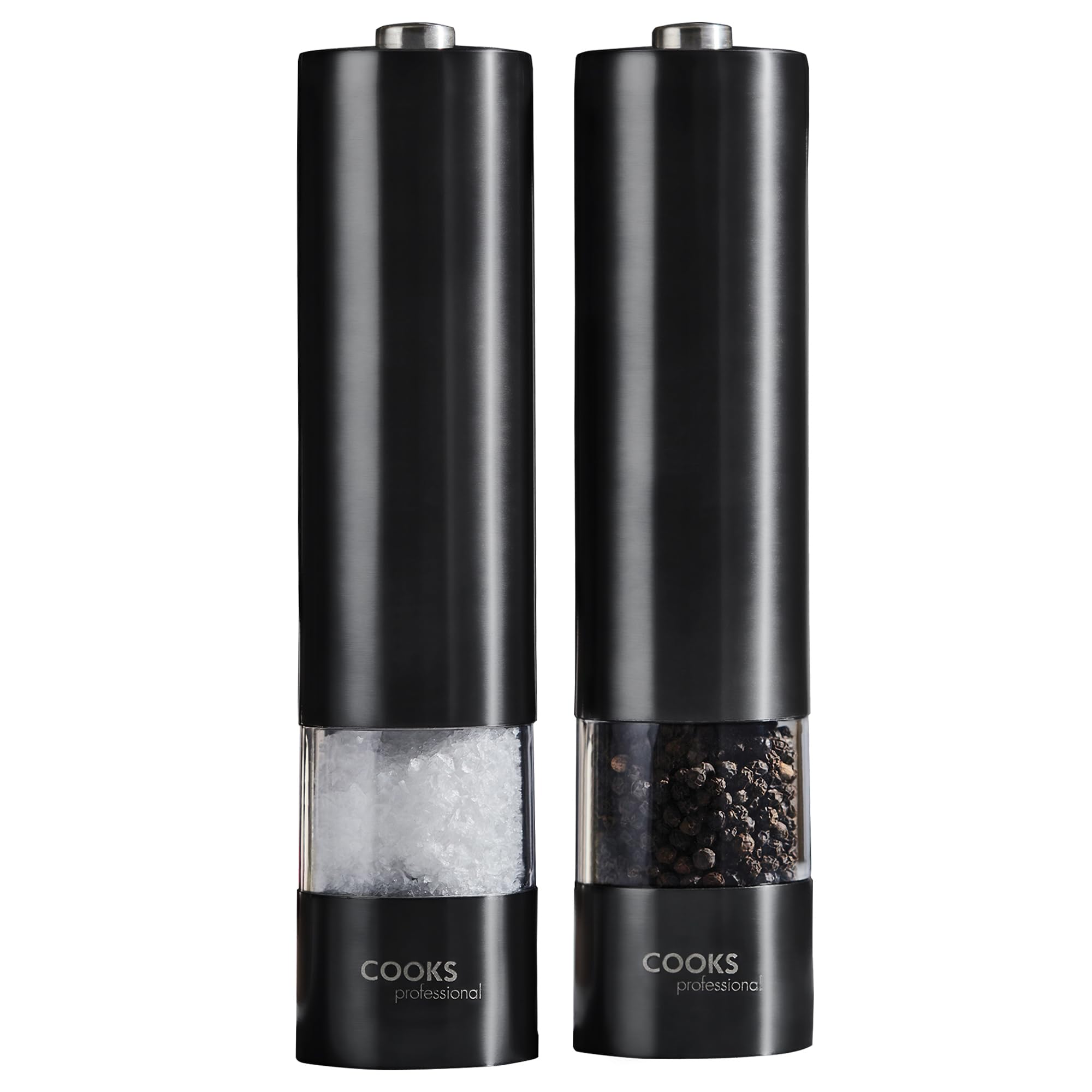 Cooks Professional Electric Salt and Pepper Mill Set | Battery Operated Automatic Grinders with Adjustable Course & Fine Grinding & One Touch Operation | Condiment Seasoning Grinder | Black