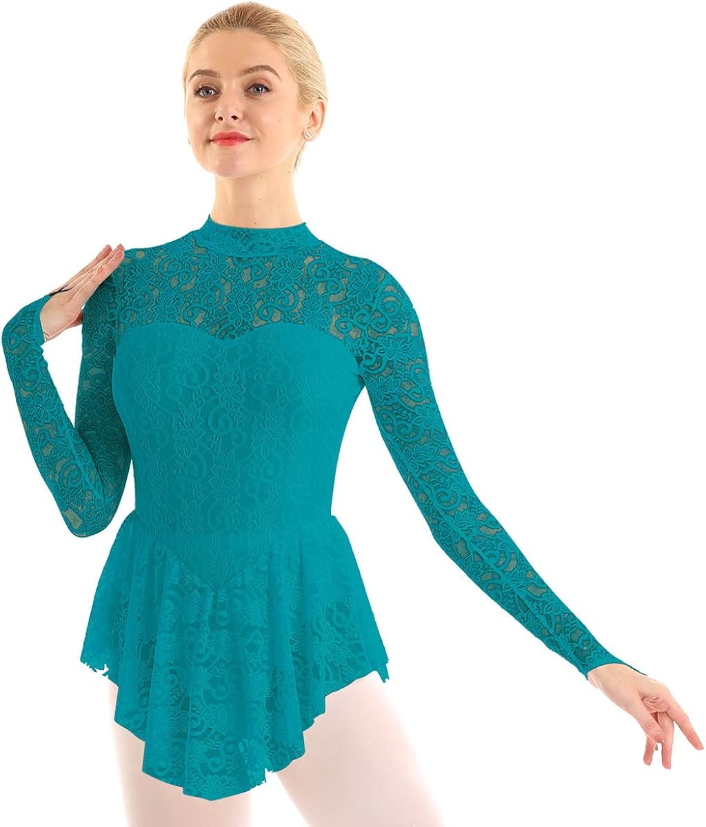 ACSUSS Women's Turtle Neck Lace Figure Ice Skating Roller Skating Ballet Dance Leotard Dress Costume: Clothing