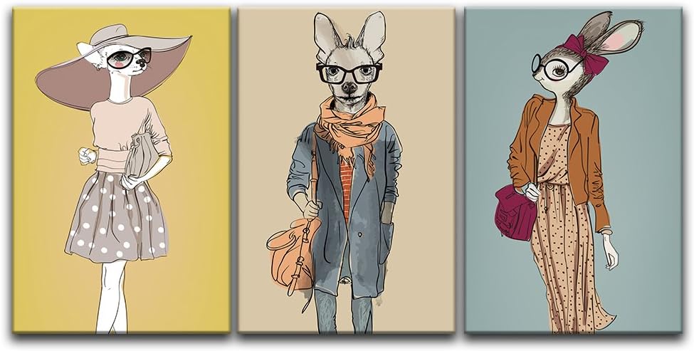 3 Panel Animal Canvas Wall Art - Hand Drawing Cartoon Rabbits and Kangroo - Giclee Print Gallery Wrap Modern Home Art Ready to Hang - 24