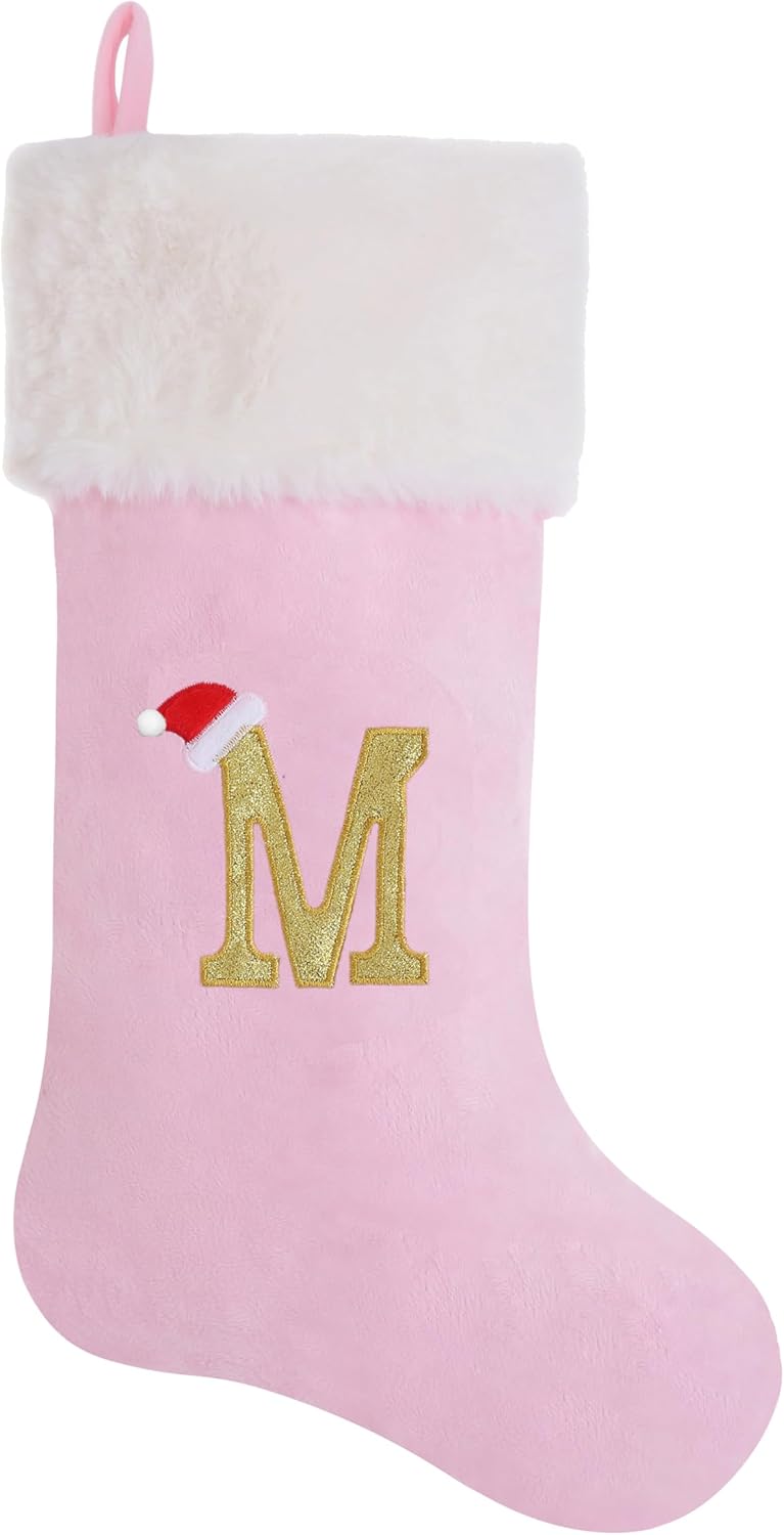 Stockings & Holders - AUAWMLK 20-Inch Letter Embroidered Christmas Stocking Thick and Luxurious Pink Velvet with Super Soft Plush Cuff Personalized Festival Decoration for Xmas and New Year Party(Letter M)