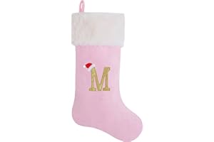 AUAWMLK 20-Inch Letter Embroidered Christmas Stocking Thick and Luxurious Pink Velvet with Super Soft Plush Cuff Personalized Festival Decoration for Xmas and New Year Party(Letter M)