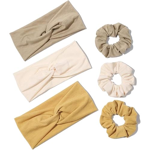 6 Pack Wide Headbands for Women - Soft Elastic Hair bands turban for Teen Girls Head Wrap Accessories, Non-slip and Breathable (3Set White Beige Orange)