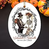 Vintage & Artistic Skeleton Wedding Custom Ornament, First Halloween Married Custom Gift (Oval)