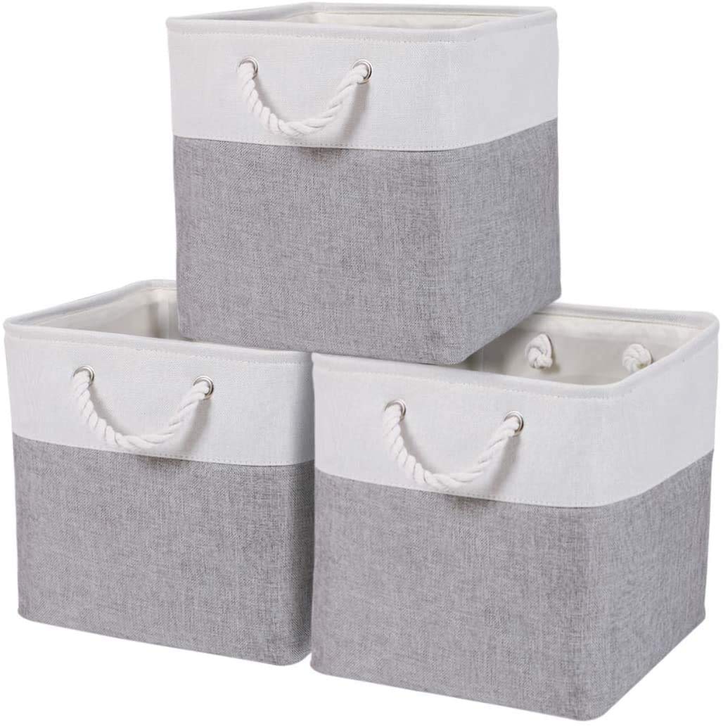DECOMOMO Foldable Storage Bin | Collapsible Sturdy Cationic Fabric Storage Basket Cube W/Handles for Organizing Shelf Nursery Home Closet (Grey and White, Cube 13" - 3 Pack)
