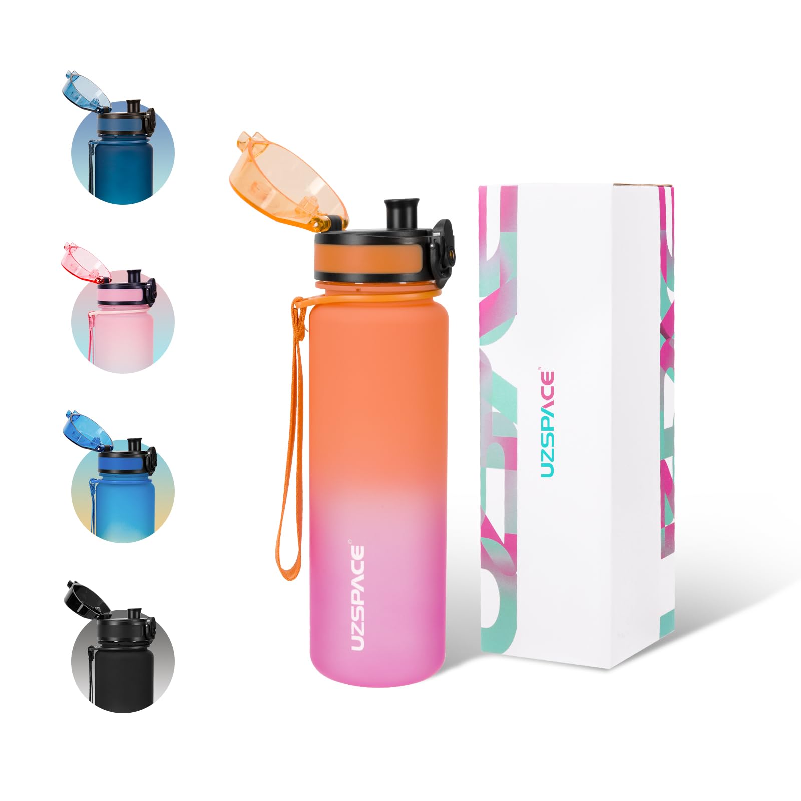UZSPACE Water Bottle Kids with Strainer - BPA Free Drinking Bottles for Adults - Sports Water Bottle 500ml with Capacity Scale - Daily Water Intake Bottle for School or Fitness Orange & Purple