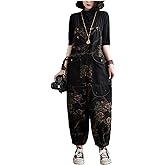 COWOKA Women's Loose Baggy Overalls Denim Printed Bib Drop Crotch Cotton Wide Leg Jumpsuit Harem Pants