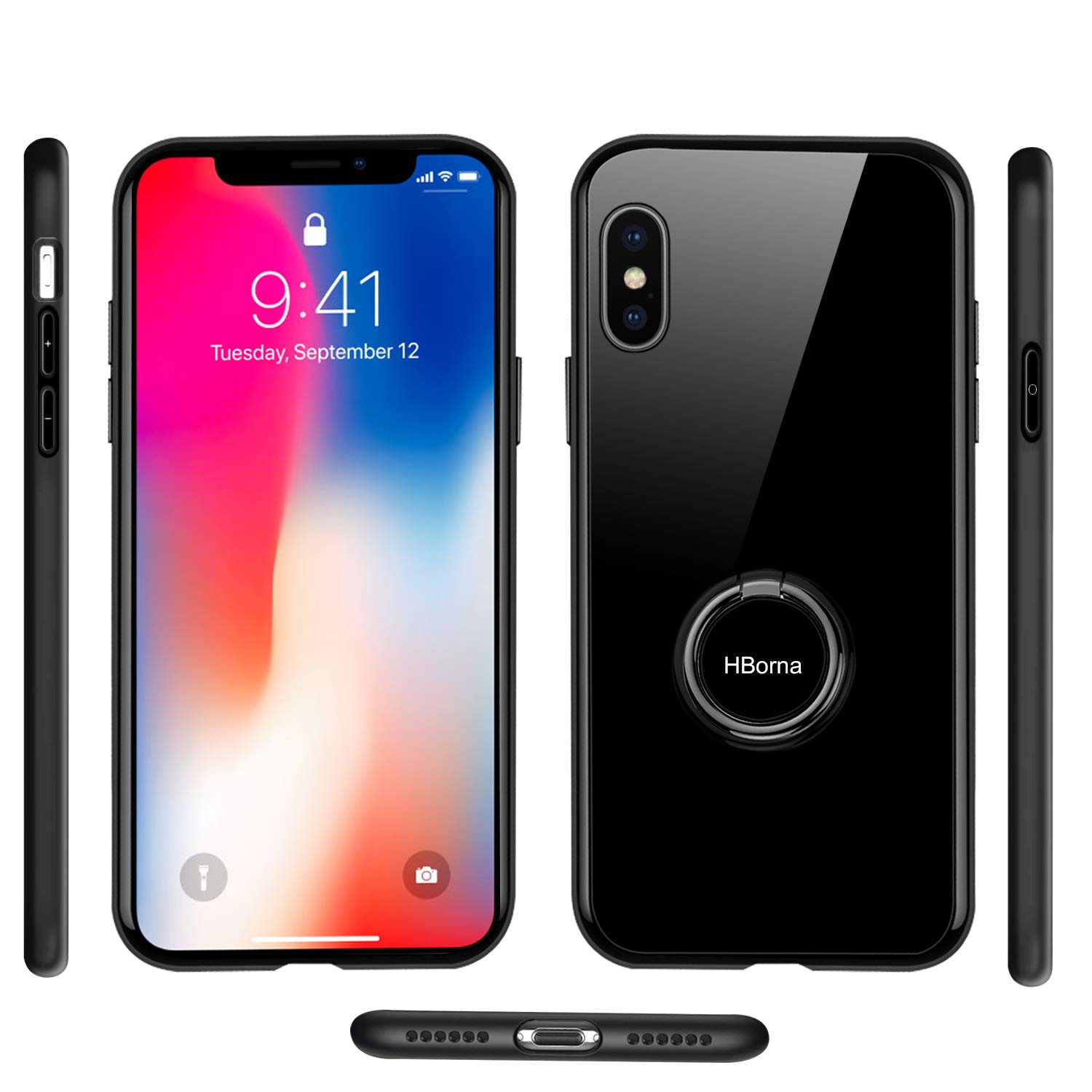 HBorna iPhone X Hülle，Kratzfest Gehärtetes Glas Rückschale Schutzhülle & Schutzfolie TPU Bumper mit 360 Grad drehbarer Ring Ständer for Apple iPhone X, iPhone 10 (Schwarz)