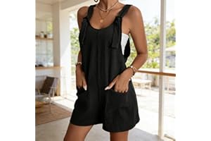 2026 Women's Casual Summer Rompers Loose Bib Overall Shorts Adjustable Tie Knot Strap Jumpsuits with Pockets Solid Color