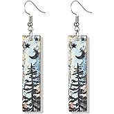 Handmade Vintage Lightweight Moon Star Bar Mountain Earrings for Women Bohemian Retro Snow Mountain Wooden Earrings for Skiers, Hikers, Campers, Climbers,Nature Lovers