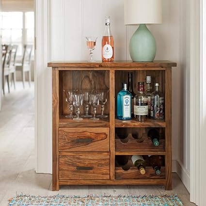 Corazzin Wood Sheesham Wood Bar Cabinet | for Home & Living Room | Liquor Storage | with Wine Glass Storage | Brown