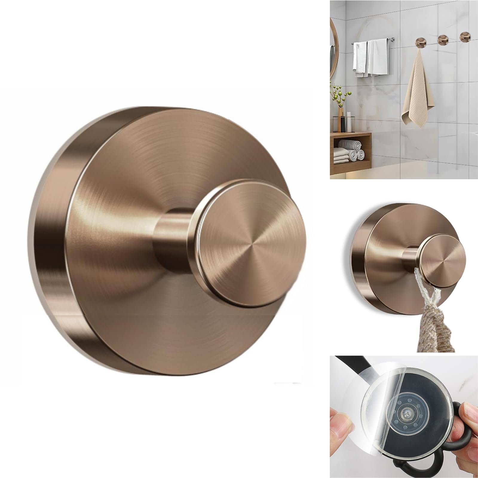 Boxonly No-Drill Suction Hooks, Stainless Steel Waterproof Hooks for Bathroom, Shower, Kitchen, and Mirrors – Heavy Duty Towel Holders (Multipack, Rose Gold)