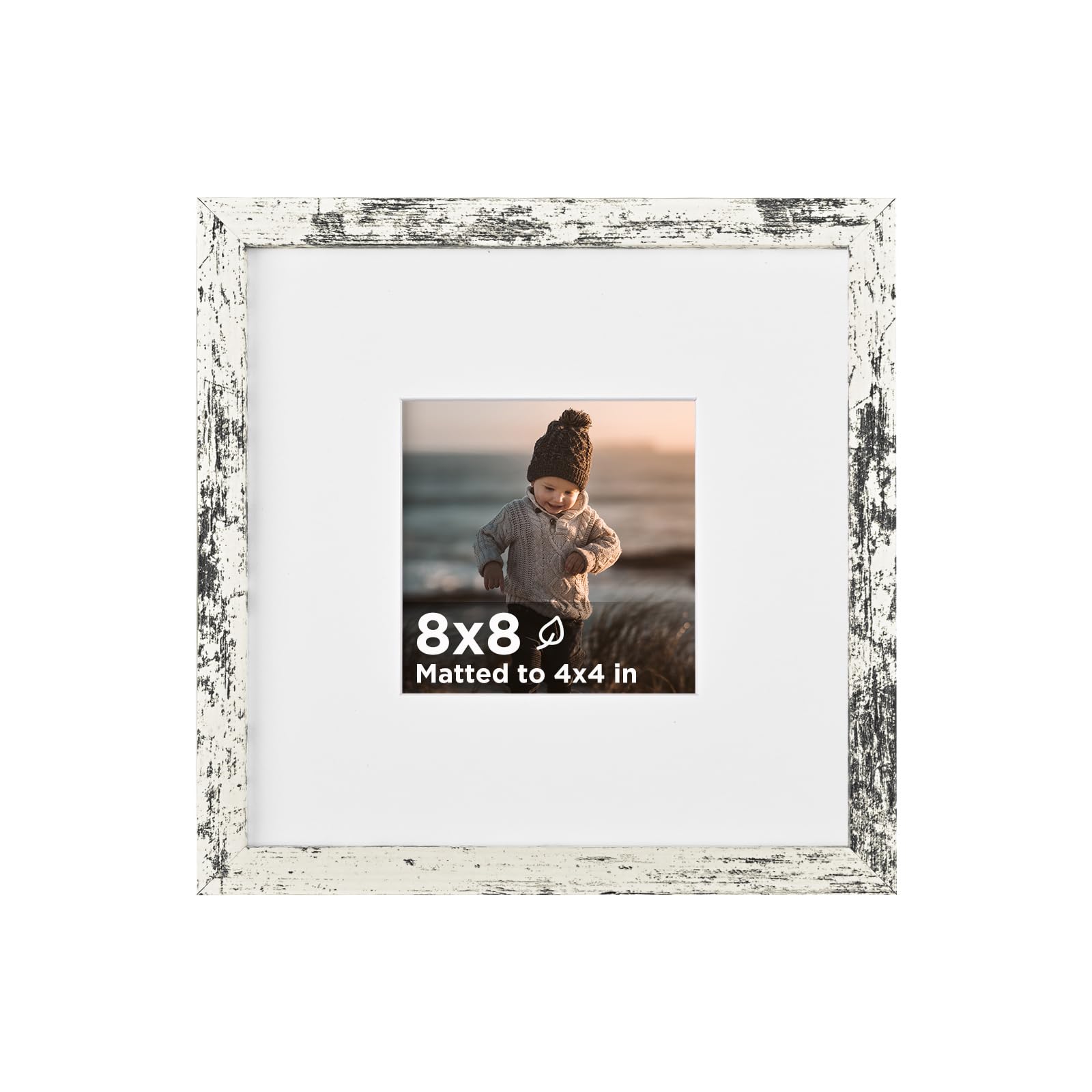 Photo 1 of KINLINK 8x8 Picture Frame Rustic White Set of 1, Wooden Square Photo Frame Matted 4x4 with Plexiglass for 4x4 with Mat or 8x8 without Mat for Table and Wall Display