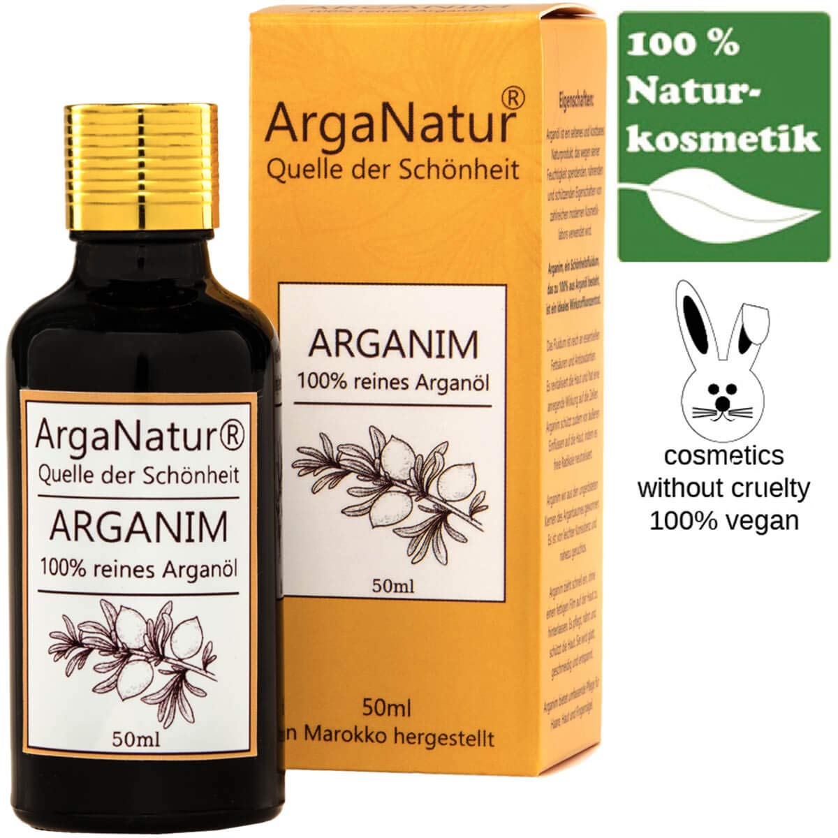 Organic argan oil Arganim cold pressed 50ml bottle âœ” 100% pure organic virgin, vegan facial oil âœ” Organic cosmetics for body, hair and skin âœ” Animal free & fair trade