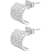 Handmade 925 Sterling Silver Post Chunky Open Hoop Earrings for Women Girls Men,Hypoallergenic Wide C-Shape Hammered Stud Earrings for Sensitive Ears