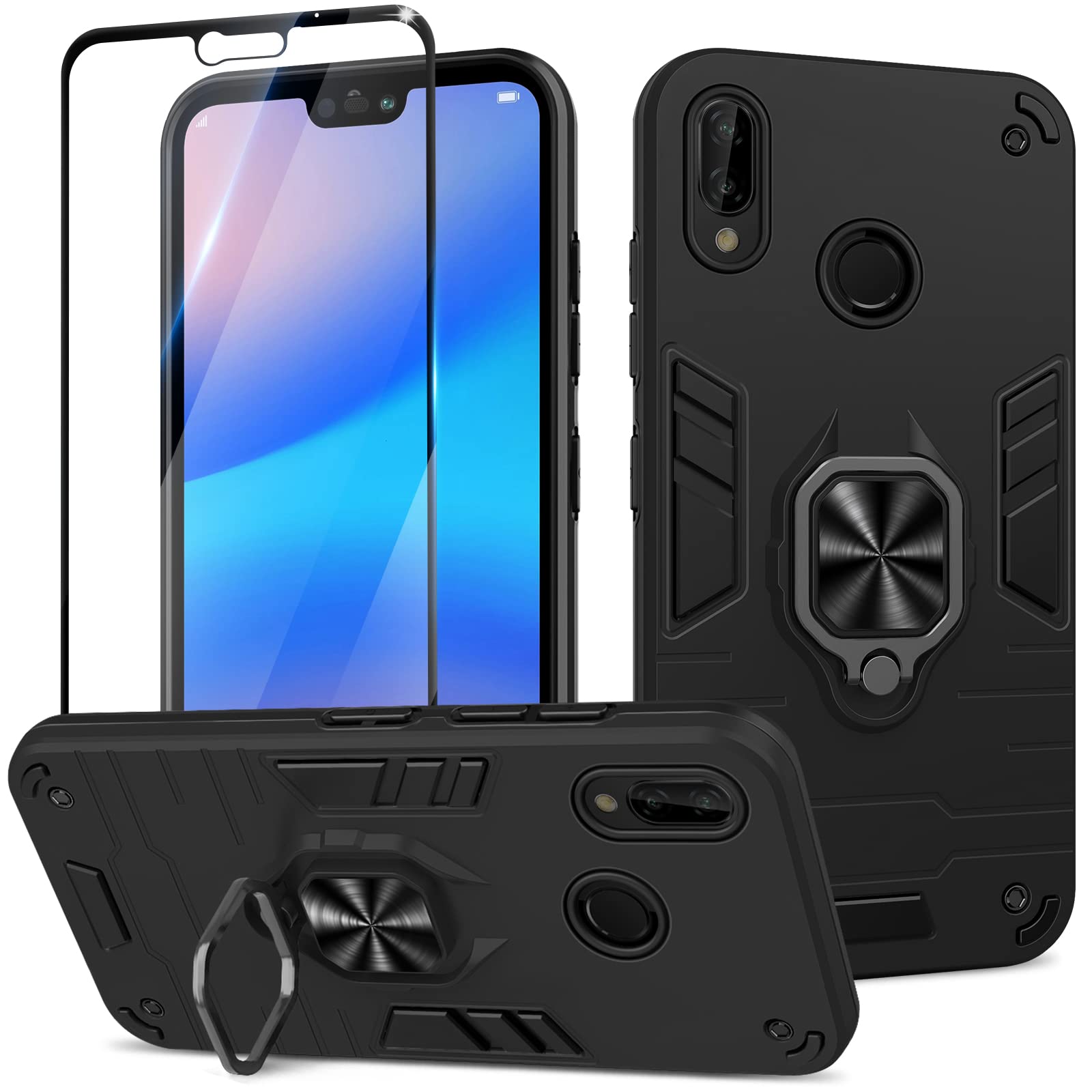 Btstring Case for Huawei P20 Lite and Screen Protector Tempered Glass, Shockproof Phone Case with Stand, Heavy Duty Personalised Case Cover Support Magnetic Car Holder, Black