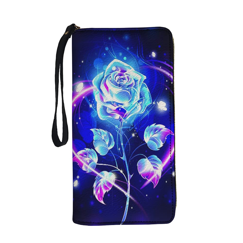 Jeiento Art Floral Leather Wristlet Wallet for Women Shopping Business Purse with Rose Print Coin Pocket Zip Around Large Capacity Durable Handbag Banquest Party Clutch Bag Phone Holder Wallet