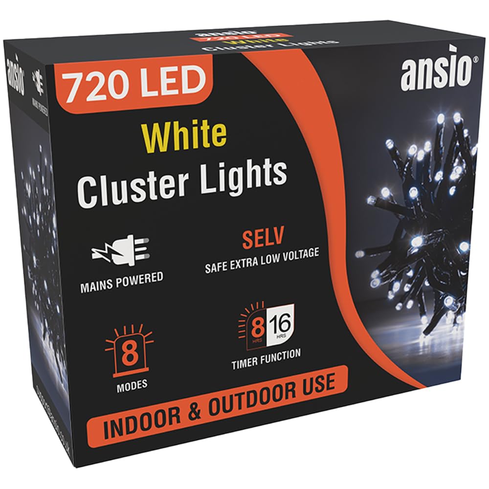 ANSIO® Christmas Lights 720 LED 9m/29ft Cluster Christmas Tree Lights for Indoor & Outdoor Cool White Decorations Fairy Lights with Timer for Xmas Garden Bedroom & Party | Mains Powered Green Cable — image 1