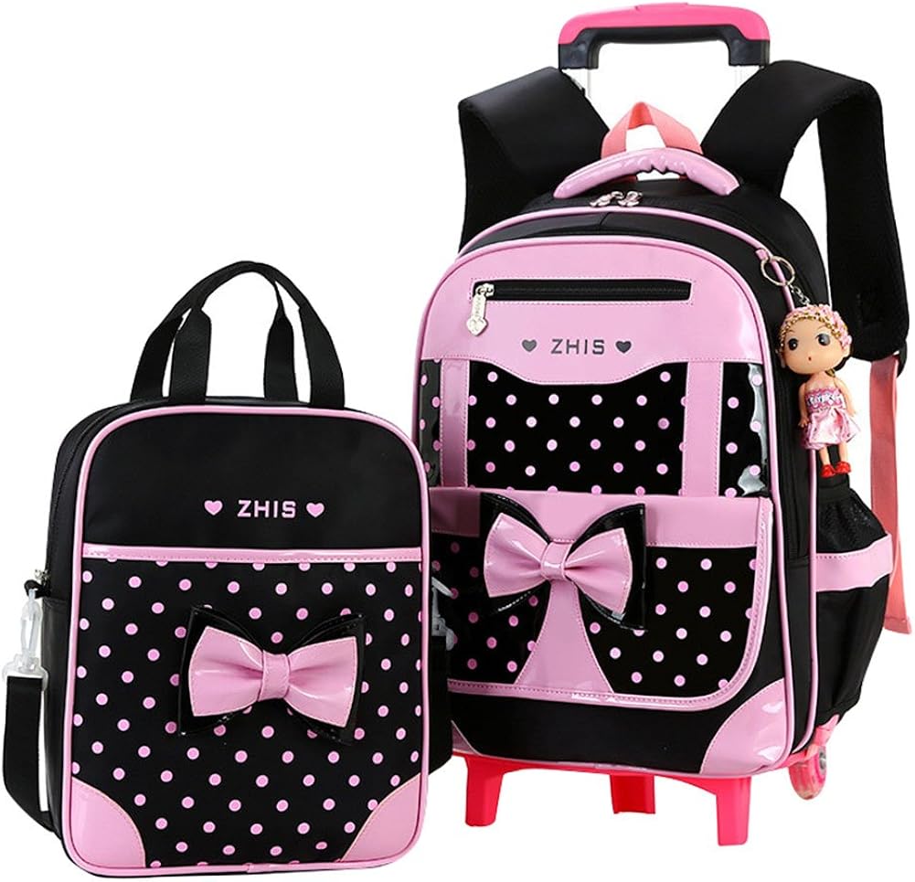 Fanci 2Pcs Cute Bowknot Kids Rolling School Backpack Polka Dot Trolley