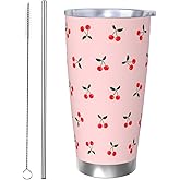 CHASOEA Cherry Tumbler 20oz Fruit Stainless Steel Vacuum Insulated Tumblers with Lid and Straw Pink Travel Coffee Mug Tea Wine Cups Water Bottle Gifts for Women