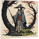 Purple Fox Anime Samurai Birthday Card - japanese Woman Saumarai Girl 145 x 145mm