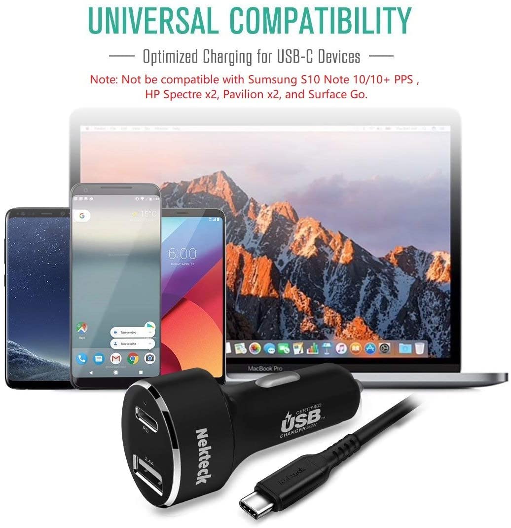 Type C Car Charger, Nekteck USB Adapter with 45W Power Delivery and 12W A Port Compatible with iPhone, iPad, MacBook, Galaxy, Google Pixel, 3.3ft Cable Included, NOT Ideal for Note10+PPS