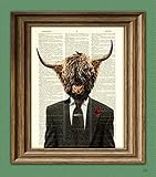 CollageOrama Shamus MacFurry the highland bull cow in a suit and tie illustration beautifully upcycled dictionary page book art print, 8.5 x 11 Inch