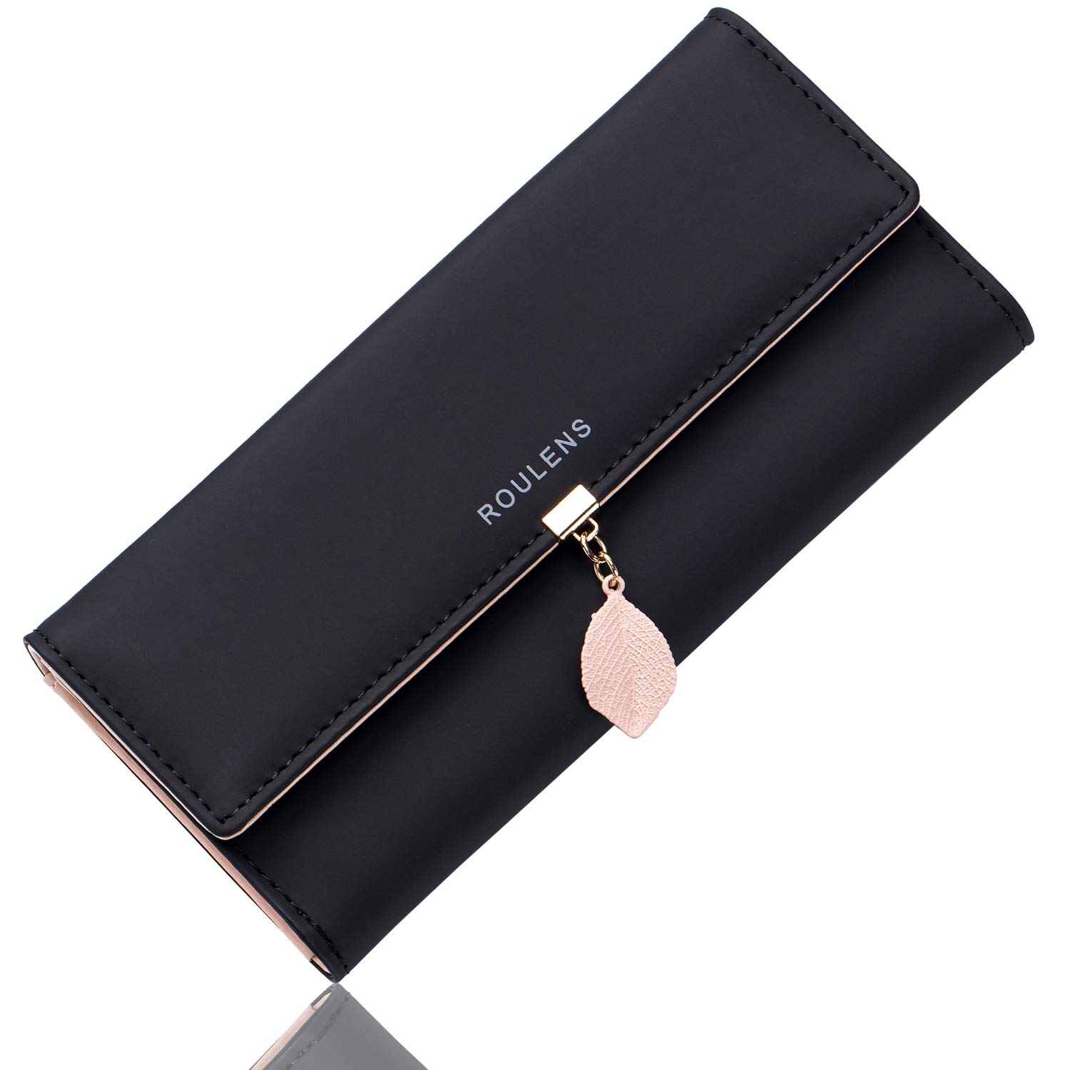 Roulens Ladies Purse, RFID Blocking PU Leather Wallet for Women Leaf Pendant Zipper Coin Purse with Multiple Card Slots and Roomy Compartment