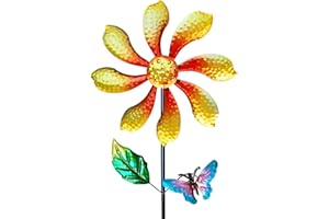 Senflame Metal Outdoor Flower Wind Spinner with Yellow Floral & Blue Butterfly, Decorative Kinetic Wind Sculpture for Yard, Garden, Patio, Lawn - Vibrant Garden Art & Lawn Ornament for Outdoor Decor