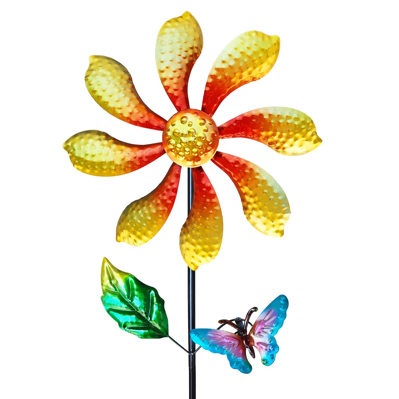 Senflame Metal Outdoor Flower Wind Spinner with Yellow Floral & Blue Butterfly, Decorative Kinetic Wind Sculpture for Yard, Garden, Patio, Lawn - Vibrant Garden Art & Lawn Ornament for Outdoor Decor