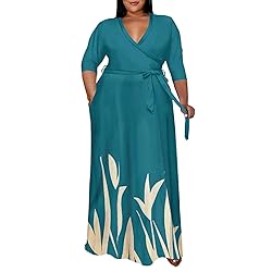 Runwind Plus Size wrap Dress Sexy 3/4 Sleeve V Neck