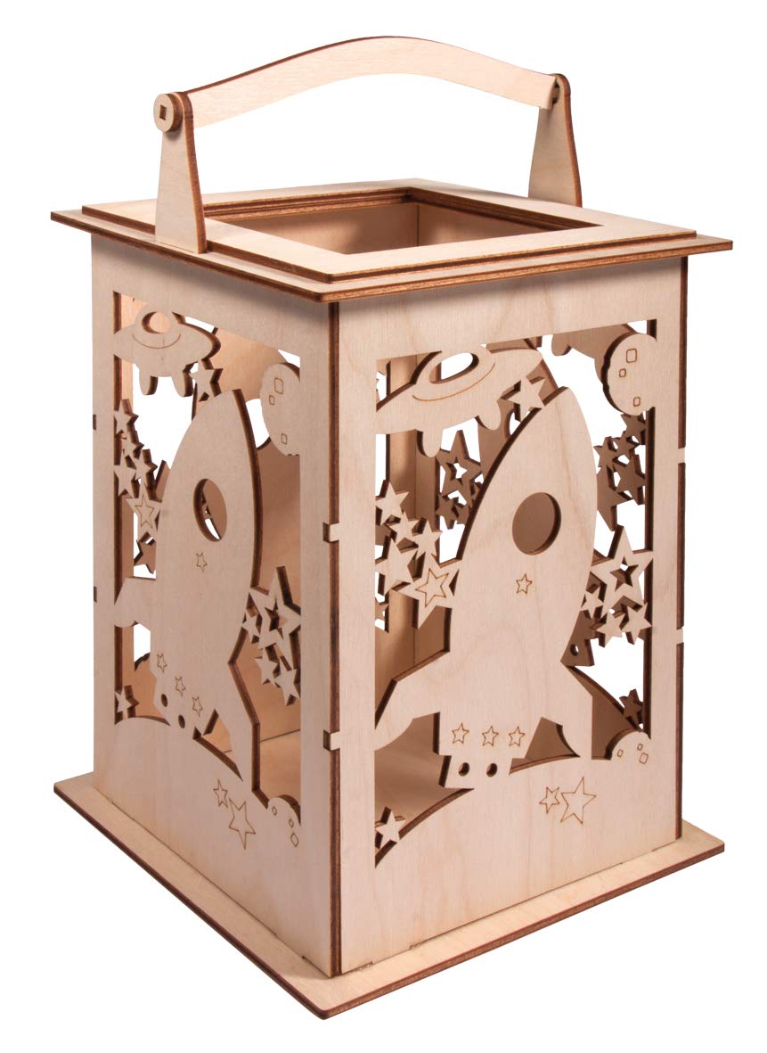 Rayher Wooden Lantern Building Kit with Rocket Design, DIY Wood Craft Set with 15 slot-together Pieces, natural wood, 15.3x15.3x26.5cm, 62894505