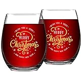 Merry Christmas Stemless Wine Glasses 15 Oz Funny Wine Glasses for Women Friends Men, Perfect Gift Idea for Christmas, Set of