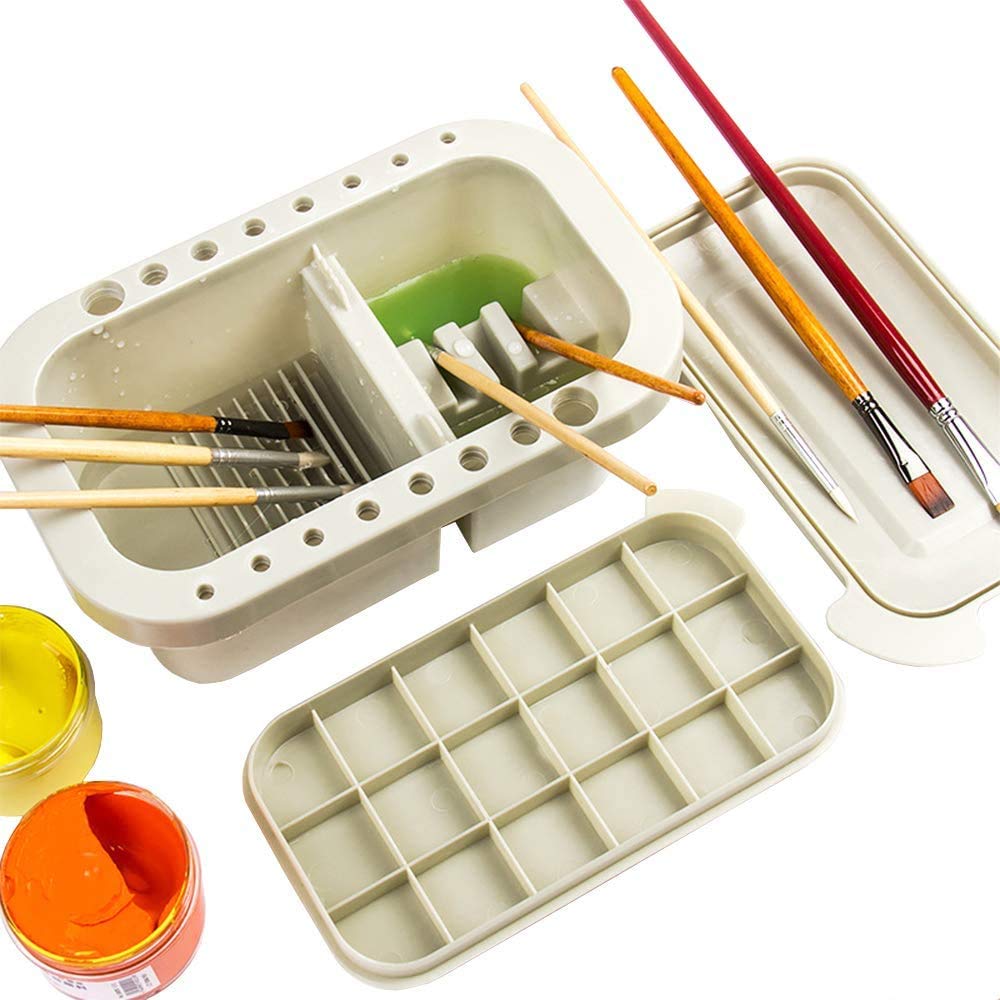 Higotech Paint Brush Washer Basin, 3-in-1 Artist Paint Brush Cleaner Pot with Brush Holder, Mixing Tray and Palette Box for Watercolor and Oil Painting Brush Cleaning and Drying