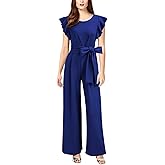 Knitee Women's Vintage Sleeveless Ruffle High Waist Wide Leg Romper Formal Long Jumpsuit with Belt