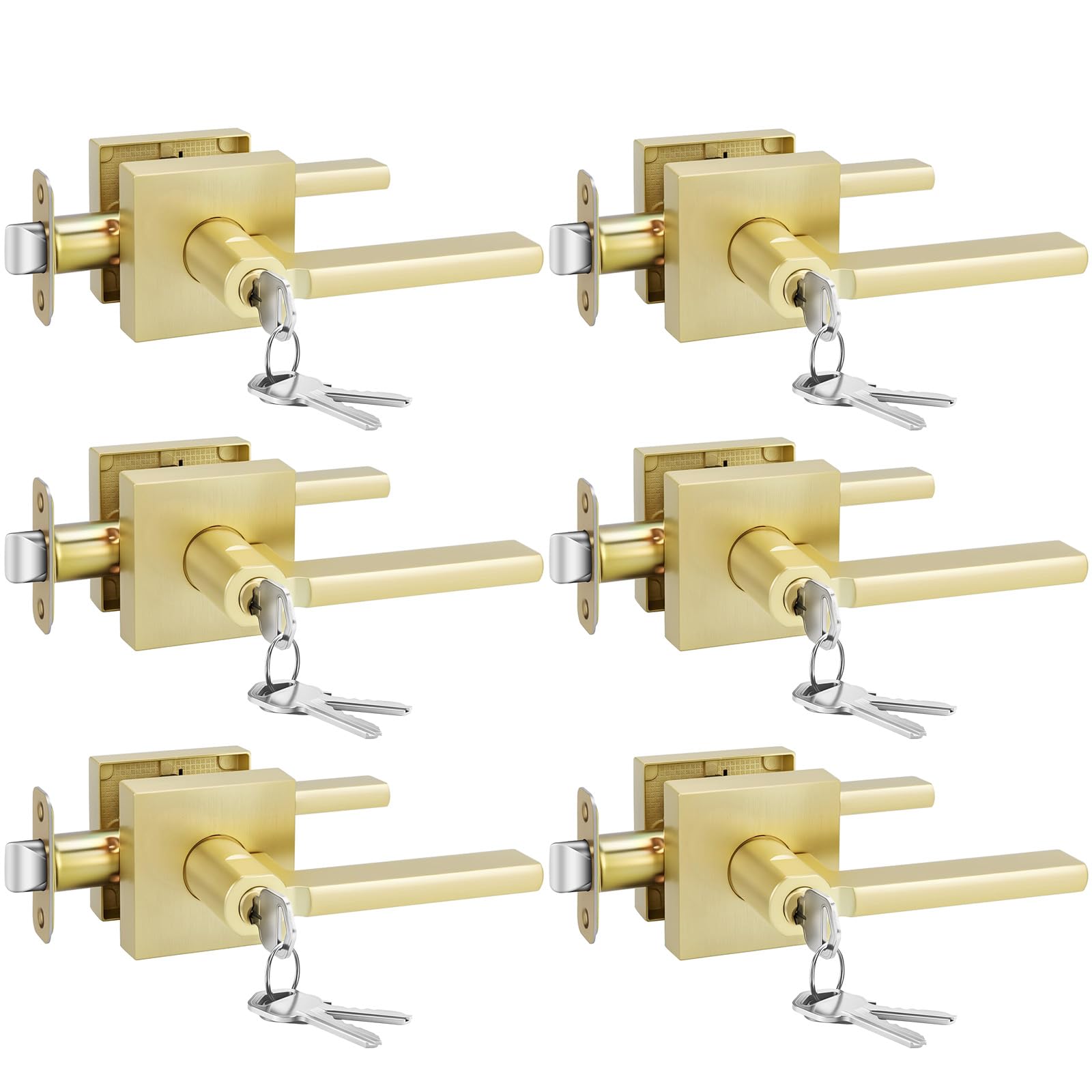 Photo 1 of Goldenwarm Entry Door Handles with Lock and Key, Zinc Alloy Heavy Duty Brushed Gold Locking Exterior Door Handle, Keyed Door Lever with Locks and Keys for Bedroom (6 Pack)
