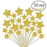 HYOUNINGF 50 Pcs Gold Star Cupcake Toppers,Star Cupcake Toppers Twinkle Twinkle Little Star Decorations Birthday Cupcake Toppers Glitter Gold Cupcake Toppers for Party Cake Decorations