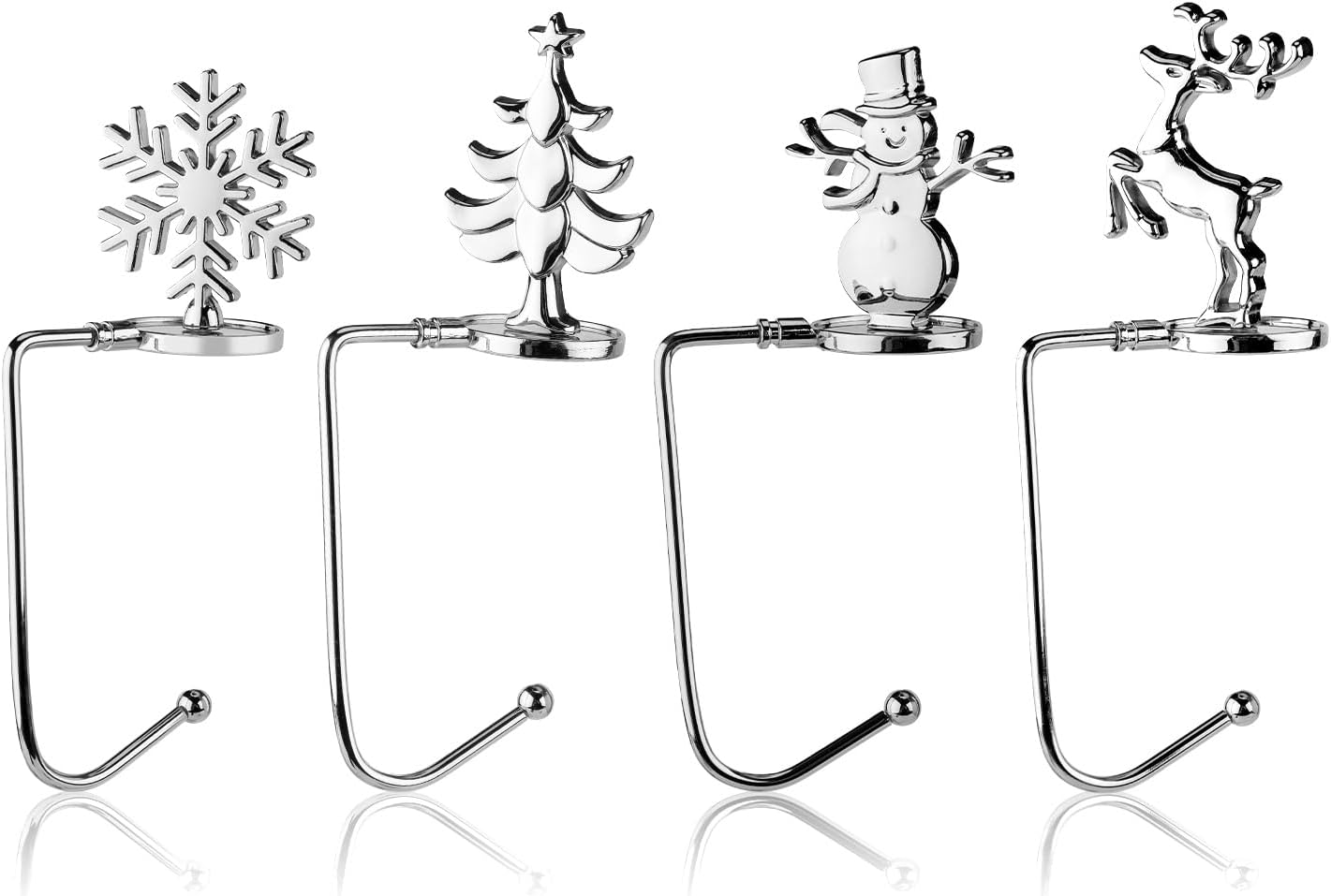 Ornament Hooks - PEUTIER 4pcs Christmas Stocking Holder, Metal Xmas Tree Elk Snowflake Decorative Stocking Holder Christmas Sock Hook Hangers for Mantle Fireplace Party Home (Silver)