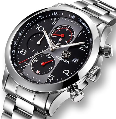 Men's Chronograph Analog Quartz Watch Waterproof Stainless Steel Sport Wrist Watches