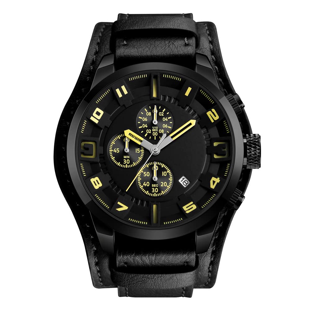 FeiWen Mens Stainless Steel Analog Quartz Sports Watches Casual Fashion Punk Style Sub Dial Stopwatch Calendar Window Leather Band Business Wrist Watches Punk Style