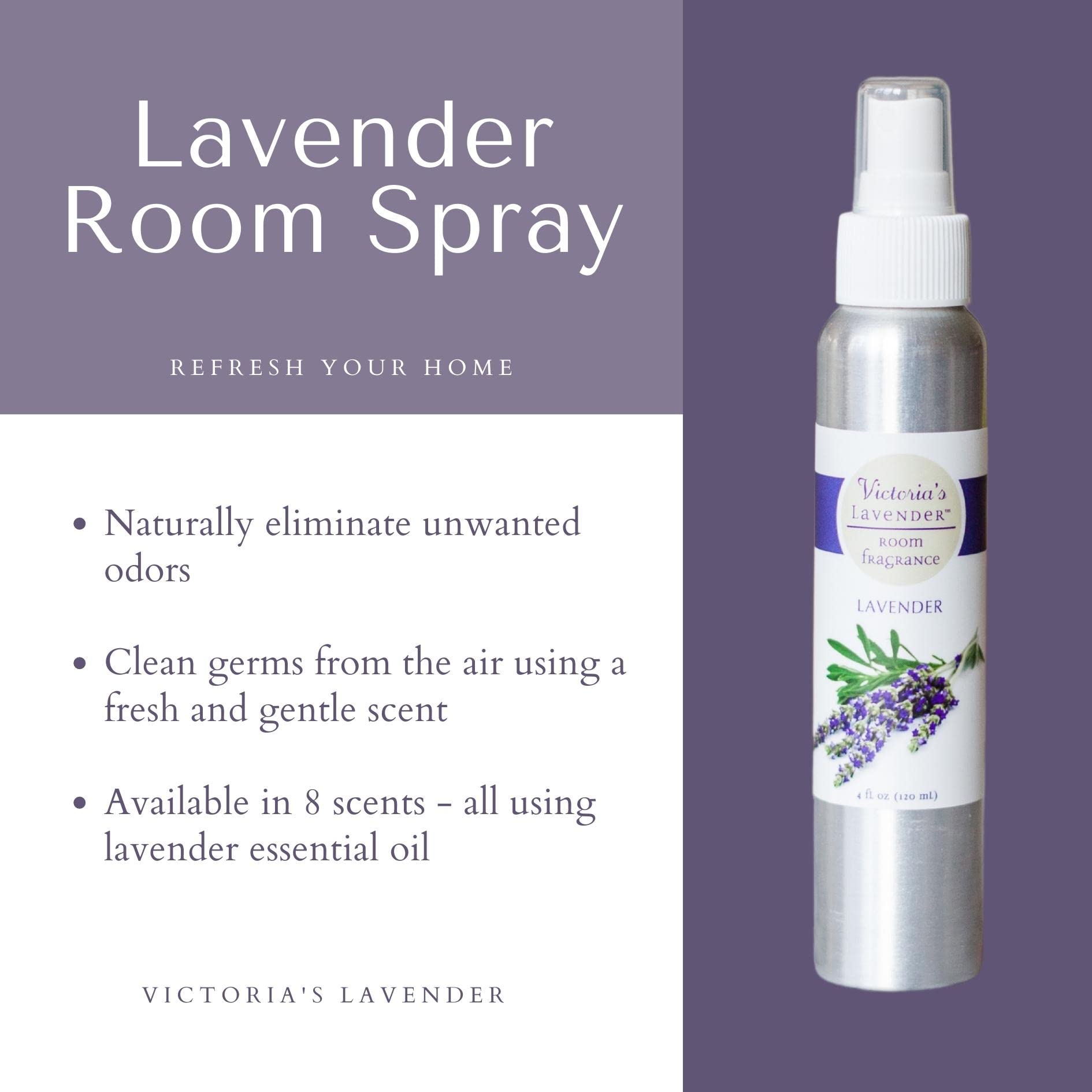 Victoria's Lavender Room Spray, All Natural Home Atmosphere Essential Oil Concentrated Room Fragrance, Air Freshener, Bathroom Odor Eliminator, Made in the USA, Lavender - 1 Pack (4 Fl Oz)
