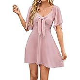 Yazinie Sundresses for Women 2025 Beach Dress Casual Short Sleeve Bow Tie V Neck Ruffle Mini Dresses Pink
