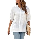 Summer Women’s Floral Emboridered Button Down Blouses Boho Cotton Short Sleeve Button Up Shirts for Women Casual Loose Tops