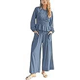 Antnation Womens 2-Piece Boho Long Sleeve Smocked Top & Wide Leg Pants Set Casual Lounge Outfit with Pockets