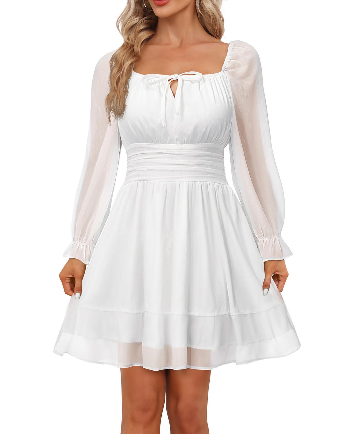 Photo 1 of Long Sleeve Dress for Women Graduation Teen Homecoming Tie Back Square Neck Ruffle A-Line Casual Short Dresses White