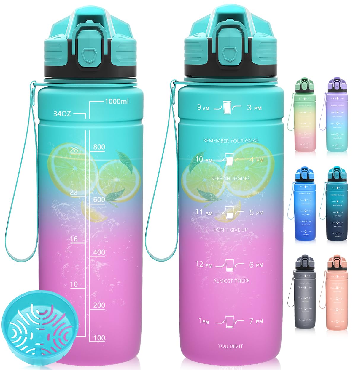Dosurer Sports Water Bottle, 1l, 700ml, 500ml Drinking Bottle Kids Leak Proof, Water Bottle with Motivational Time Markings and Filter, BPA Free Tritan Sport Bottle for School, Sport, Work, Fitness