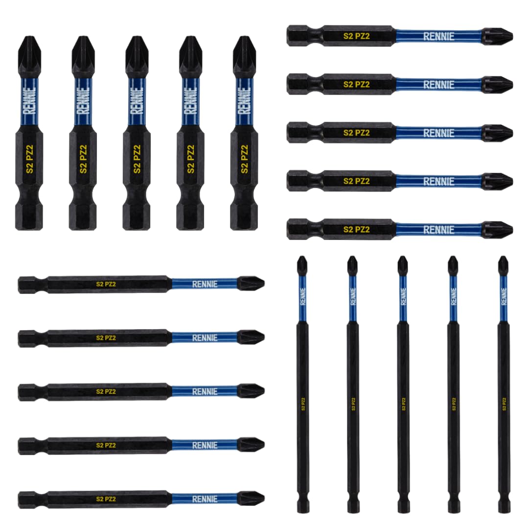 20 x Rennie Tools 50mm 75mm 100mm 150mm Long PZ2 Impact Screwdriver Driver Bits Set. Heavy Duty PoziDriv POZI No.2 Magnetic Screwdriver Bit Set. PZ2 Impact Driver Bits Pozidrive Screw Accessories