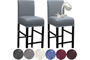 HFCNMY Bar Stool Covers,2 Pack Stretch Waterproof PU Bar Stool Covers with Backs Bar Stool Chair Covers Barstool Covers Slipcovers with Back Pub Counter Stool Chair Covers with Elastic Bands Gray