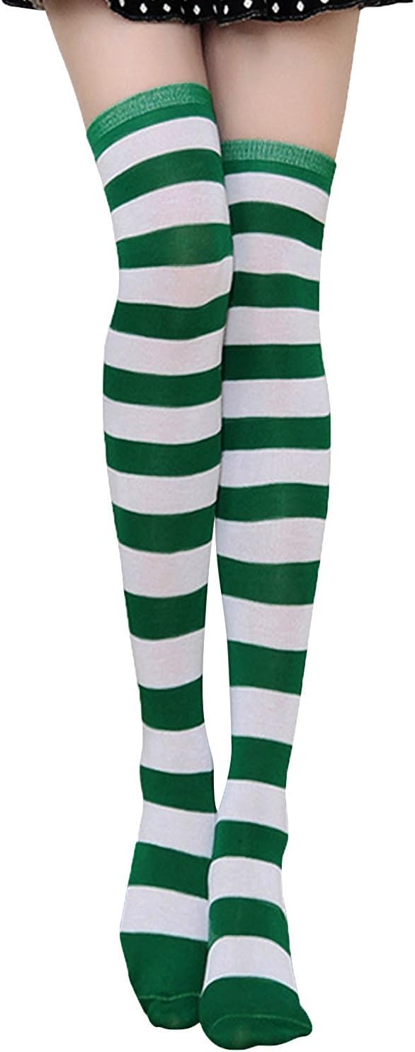 Mystylees Womens Wide Stripes Stockings Over Knee High Striped Socks Green White